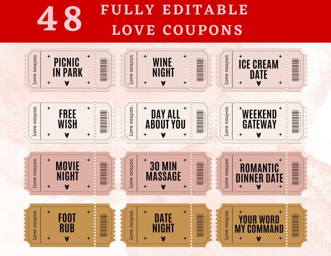 Valentine's Day Voucher Printable Love Coupons Template Editable Valentine Coupons for Him Funny ...