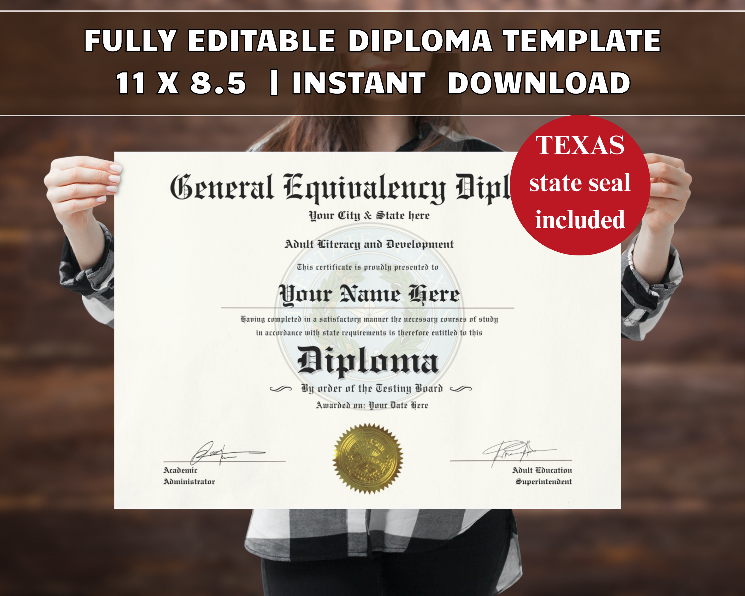 TEXAS GED Diploma Template With Seal Editable Template Printable TEXAS GED Diploma Template With Seal Editable Template Printable