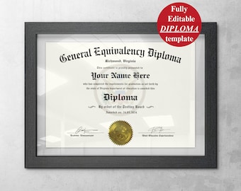 GED Diploma with Gold Seal Template Printable and Editable with Canva Personalized High School Diploma Replica Graduation Certificate Custom