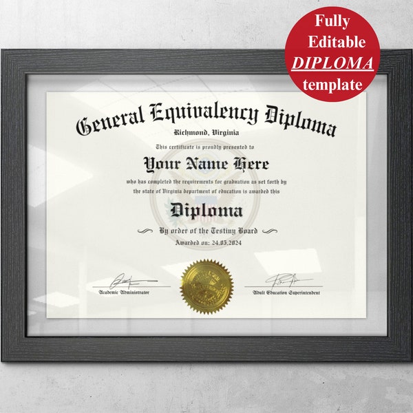 GED Diploma with Gold Seal Template Printable and Editable with Canva Personalized High School Diploma Replica Graduation Certificate Custom