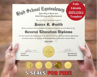 Custom High School Diploma with 5 seals FOR FREE Editable Diploma in Canva Make your Own Graduation Certificate as Replica GED Diploma