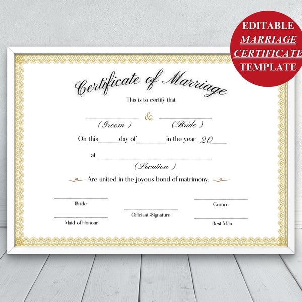 Editable Marriage Certificate Template, Custom Certificate Of Marriage, Printable Wedding Certificate, Canva Wedding Keepsake. TDS-10