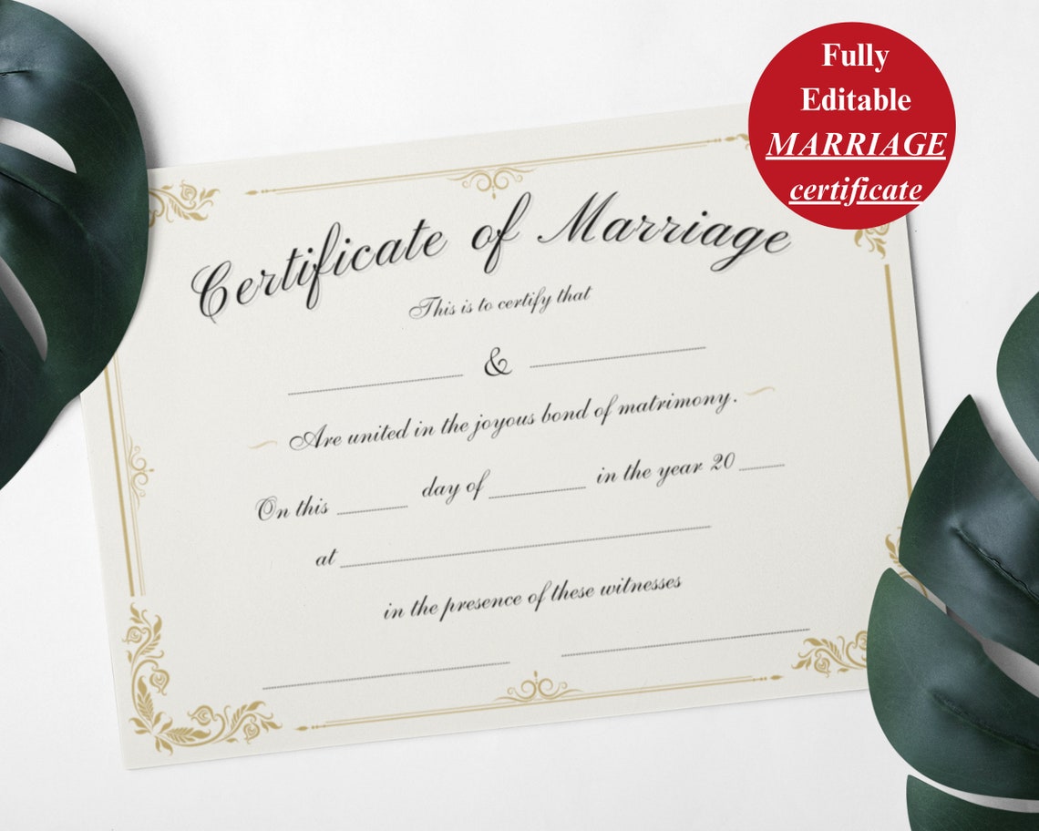 Blank Marriage Certificate Template Editable in Canva Marriage Keepsake