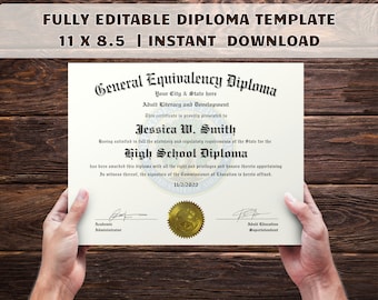 Custom GED Diploma with Gold Seal Personalized High School Graduation Certificate of Completion Template Online Editable and Printable