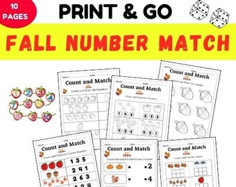 Hojas de trabajo de combinación de números de otoño: actividades de conteo de otoño interesantes para niños, actividad de otoño para niños, aprendizaje en el hogar, actividad para niños pequeños