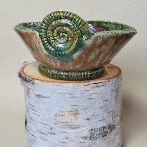 May include: A small, ceramic bowl with a green and brown glaze. The bowl has a raised, spiral design on one side, resembling a seashell. The bowl is sitting on a piece of birch wood.