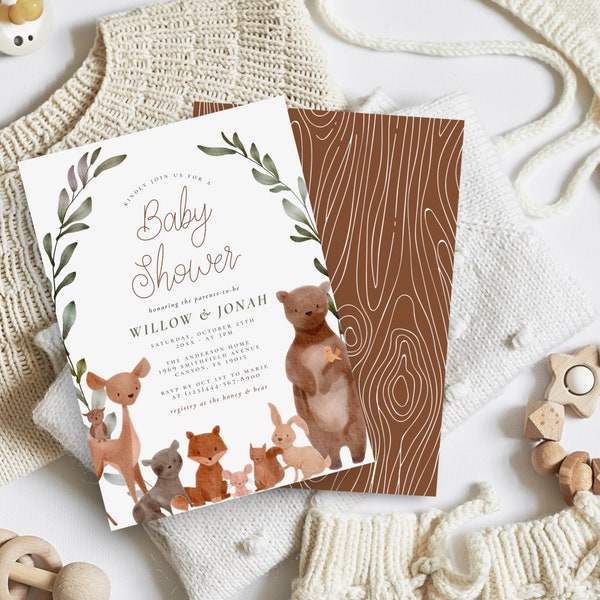 Forest Friends & Woodland Greenery Baby Shower Invitation Template Download, Editable Online, Gender Neutral, PDF Invitation, Woodland Green