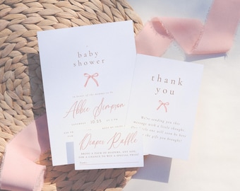 Pacchetto di inviti per baby shower con fiocco rosa acquerello (download digitale modificabile Corjl)