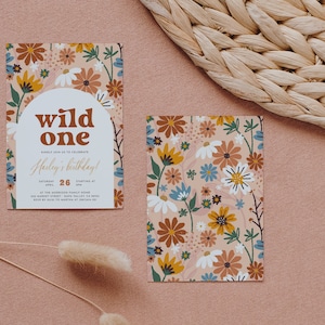 Wild One Retro Boho Wildflower 1st Birthday Party Invitation Template, Birthday Party Design Template, Printable Invitation, Editable Online