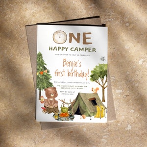 One Happy Camper Woodland Boy 1st Birthday Party Invitation Template, Digital Invite Template, Editable Online, Instant Download Party Evite