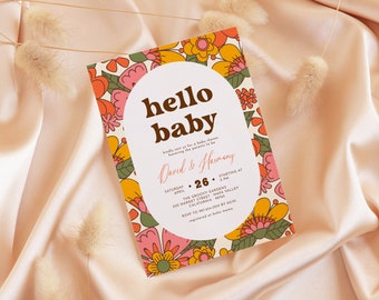 Hello Baby Groovy Retro Floral Boho Baby Shower Invitation Template (Corjl Digital Download)