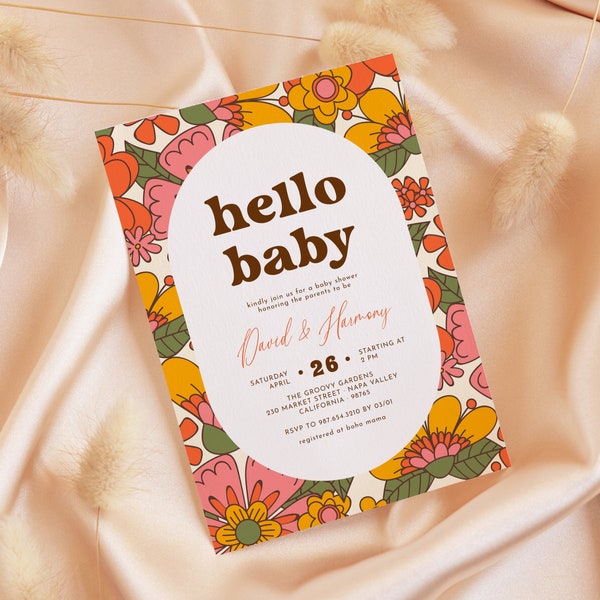 Hello Baby Groovy Retro Floral Boho Baby Shower Invitation Template, Instant Download, Editable Online, Digital Invite, Hippie Baby Shower
