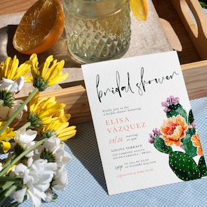 Plantilla de invitación para despedida de soltera con flores y cactus del desierto boho, invitación para fiesta nupcial, invitación digital bohemia, descarga instantánea, editable