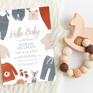 Hello Baby | Blue Boho Clothes Boy Baby Shower Invitation, Baby Shower Invitation Template, Boho Clothes, Digital Baby Shower Invite, Online
