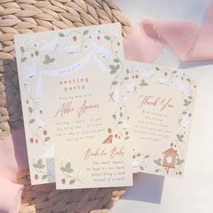 Inbjudningspaket för babyshower med fåglar och bär, bosättning (redigerbar mall för Corjl)