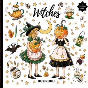 May include: Printable coloring book with the word "Witches" and illustrations of witches, pumpkins, bats, and stars. The text "Print and Color" is also visible. The image has a wooden background.