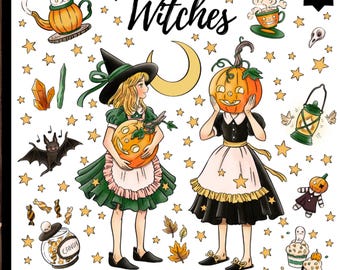 Pode incluir: Livro para colorir imprimível com a palavra "Witches" e ilustrações de bruxas, abóboras, morcegos e estrelas. O texto "Print and Color" também é visível. A imagem tem um fundo de madeira.
