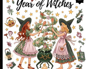 Pode incluir: Um livro para colorir imprimível intitulado "Year of Witches" com duas bruxas, um caldeirão e vários elementos mágicos. A capa inclui o texto "Print and Color" e "Coloring Book". O fundo é uma textura de madeira com estrelas.