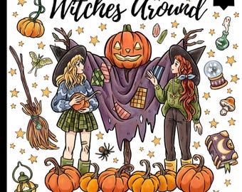 Pode incluir: Um livro de colorir imprimível com o título "Witches Around" com ilustrações de bruxas, abóboras e elementos temáticos de Halloween. A imagem inclui o texto "Print and Color".
