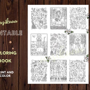 Pode incluir: Um livro de colorir imprim&iacute;vel com o texto "Usikumu PRINTABLE COLORING BOOK PRINT AND COLOR". O livro apresenta v&aacute;rias ilustra&ccedil;&otilde;es em preto e branco de bruxas, animais e cenas da natureza, perfeito para colorir.