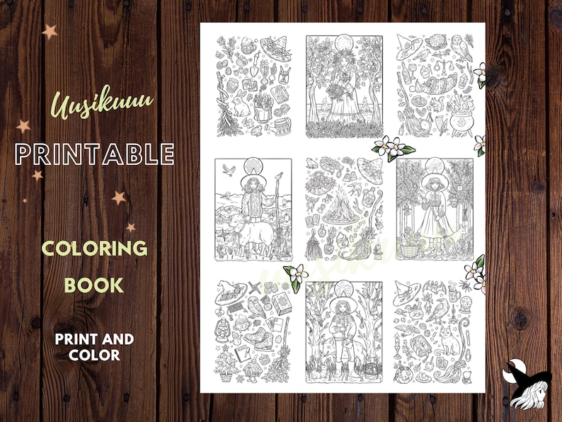 Pode incluir: Um livro de colorir imprim&iacute;vel com o texto "Usikumu PRINTABLE COLORING BOOK PRINT AND COLOR". O livro apresenta v&aacute;rias ilustra&ccedil;&otilde;es em preto e branco de bruxas, animais e cenas da natureza, perfeito para colorir.