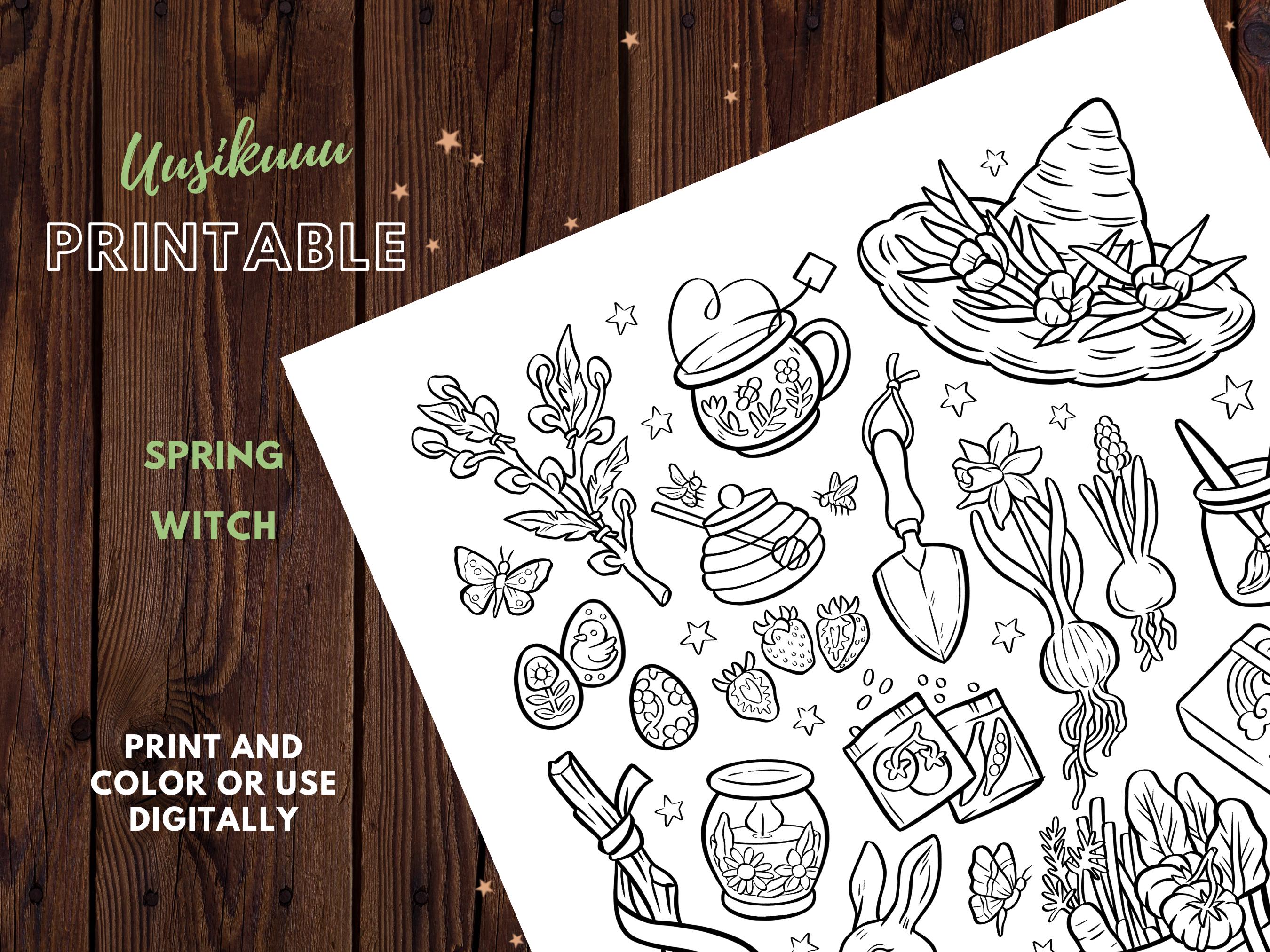 Spring Witch Printable Coloring Page - Etsy