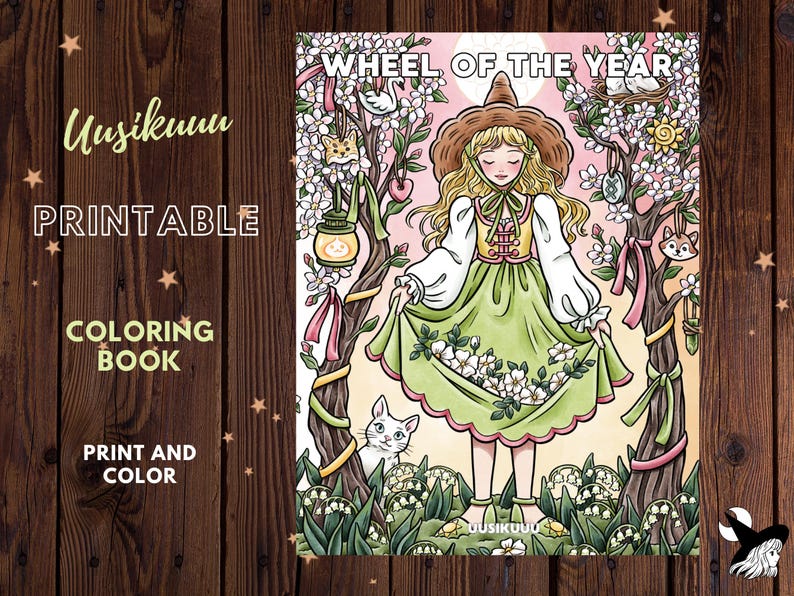 Pode incluir: Capa de livro de colorir imprim&iacute;vel com o texto "Wheel of the Year". A ilustra&ccedil;&atilde;o apresenta uma menina com um vestido verde e um chap&eacute;u de bruxa, rodeada por &aacute;rvores, flores e animais. As palavras "Printable", "Coloring Book" e "Print and Color" tamb&eacute;m s&atilde;o vis&iacute;veis.