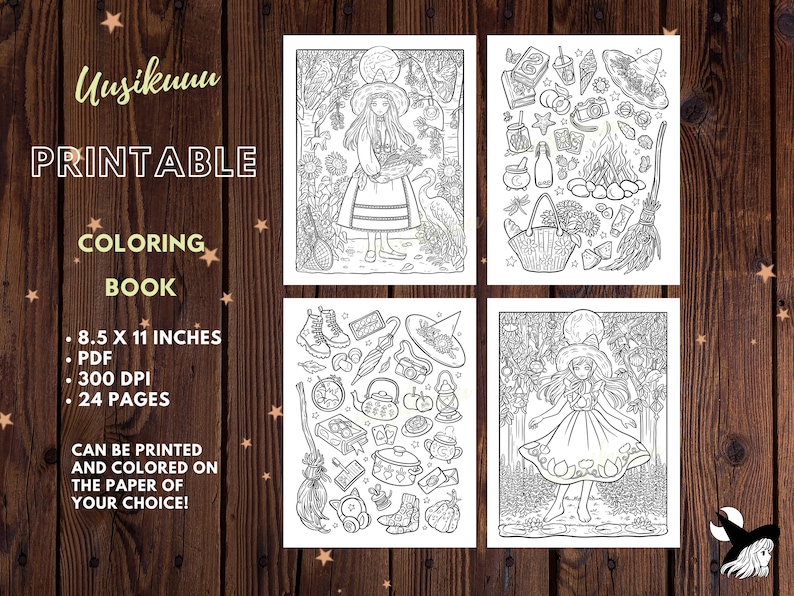 Pode incluir: Um livro de colorir imprim&iacute;vel com quatro ilustra&ccedil;&otilde;es detalhadas. O livro inclui o texto "Uusikumu PRINTABLE COLORING BOOK" e especifica&ccedil;&otilde;es: 21,6 x 27,9 cm, PDF, 300 DPI e 24 p&aacute;ginas. O texto "PODE SER IMPRESSO E COLORIDO NO PAPEL DA SUA ESCOLHA!" tamb&eacute;m est&aacute; inclu&iacute;do.