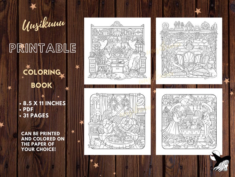 May include: Printable coloring book with four detailed black and white illustrations. The book includes 31 pages and measures 8.5 x 11 inches. The cover features the text "Usikuuu PRINTABLE COLORING BOOK". The coloring pages can be printed and colored.