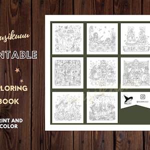 May include: A printable coloring book featuring whimsical illustrations of witches and magical scenes. The book includes the text "Usikkuu Printable Coloring Book Print and Color" and is displayed on a wooden background.