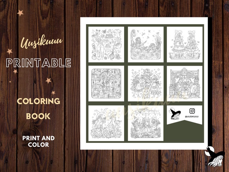 May include: A printable coloring book featuring whimsical illustrations of witches and magical scenes. The book includes the text "Usikkuu Printable Coloring Book Print and Color" and is displayed on a wooden background.