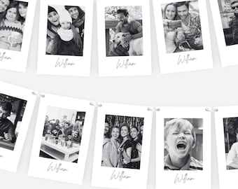 May include: A monochrome photo banner with several framed pictures. Each picture shows a different group of people. The name "William" is written in cursive under each photo. The photos are strung together with small metal clips.