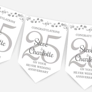 Printed Personalised Silver Wedding Bunting – 25th Anniversary Banner – Custom Name Garland – Silver Party Decor  – Luxury Finish - B137