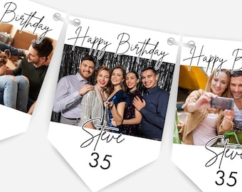 Photo Birthday Bunting with Name & Any Age, Custom Banner with 8 Photos, Printed Party Decoration, Kids or Adults – B232