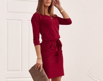 V-neck dress with a belt at the waist - Claret, Cobalt | Casual dress, Women's clothing