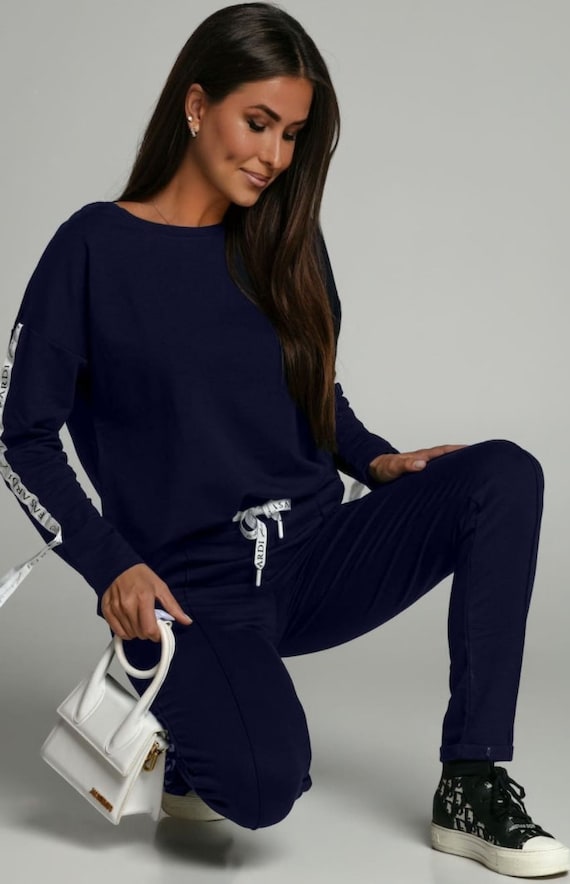 Navy Blue Tracksuit Set for Women Comfort Fit Stripe Sweatshirt Joggers Versatile Casual Wear Cotton Blend Multiple Sizes Etsy
