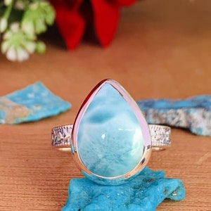 Bague Larimar océan ~ Bague bohème solitaire ~ Bague tendance en argent ~ Bague de mariage bohème faite main ~ Cadeau pour maman ~ Cadeau de Noël ~ R-0128