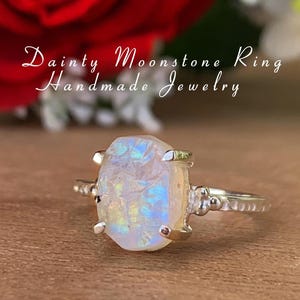Delicated Rainbow Moonstone Ring ~ Raw Crystal Ring ~ Rough Moonstone Silver Ring ~ Promise Ring ~ Birthstone Ring For Her ~ R-0185