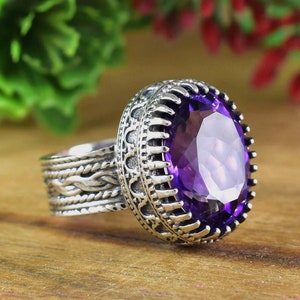 Boho Sterling Cart のアメジスト ステートメント リング ~ デザイナー スターリング シルバー リング ~ 彼女へのギフト ~ チャンキー リング ~ Boho ウェディング リング ~ R-0005