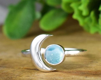 Crescent Moon Larimar Ring ~ Dainty Silver Ring with Moon Charm ~ Adjustable Band ~ Gold Finish Option ~ Gift for Her ~ R-0108