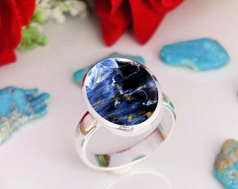 Anello in pietersite naturale • Anello solitario in argento • Stile classico e audace • Anello con pietra portafortuna • Per l'uso quotidiano • Il regalo migliore per lei/mamma
