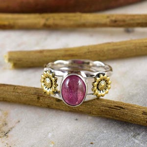 Anel de Girassol Turmalina Rosa Natural da Boho Sterling Cart ~ Anel de Prata com Pedra de Nascimento de Outubro para Mulheres ~ Presente para Ela ~ R-0016