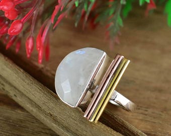 Rainbow Moonstone Crescent Ring - 925 Sterling Silver, Gold Plated - Adjustable June Birthstone Boho Statement Gift for Her