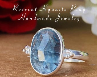 Solitaire Blue Kyanite Ring ~ Sterling Silver & Vermeil Gold Rings ~ Rosecut Stone Ring ~ Birthstone Ring ~ Simple Jewelry For Her ~ R-0181