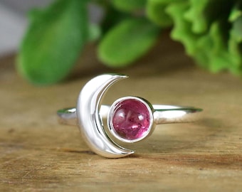 Celestial Crescent Moon Ring , Round Pink Tourmaline Ring , Adjustable Dainty Silver Ring, October Birthstone Ring For Her, R-0021