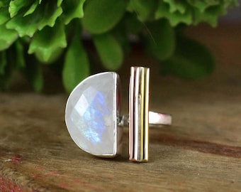 Rainbow Moonstone Half Moon Ring ~ Adjustable Sterling Silver Ring ~ Statement Ring for Women ~ Boho Birthstone Ring For Her ~ R-0026