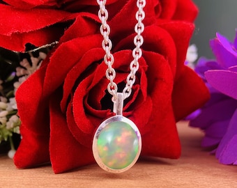 Dainty Opal Necklace in Silver, October Birthstone Pendant, Minimalist Vermeil Gold Opal Jewelry Gift for Her P-0029