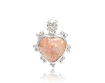 Natural Pink Opal Silver Heart Pendant | | 925 Sterling Silver Pendant | Gift for Women | Heart-Shaped Pink Opal Necklace/pendant for her
