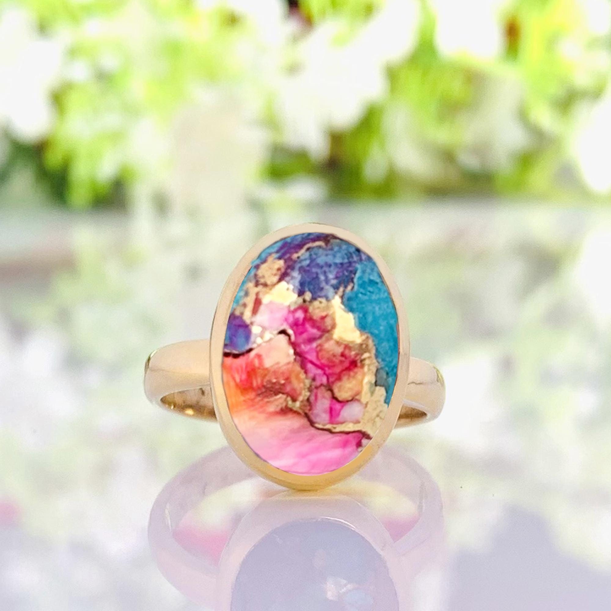 Solitaire Kingman Pink Dahlia Turquoise Ring ~ Pink Oyster Turquoise Ring ~ December Birthstone Ring ~ Gift For Her ~ 18k Vermeil Gold Ring