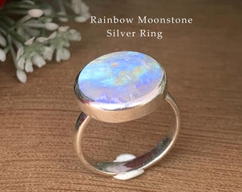 Silver Natural Moonstone Ring ~ Raw Moonstone Ring ~ Rough Rainbow Moonstone Ring ~ Statement Ring ~ Silver & 18k Gold Ring ~ Handmade Ring